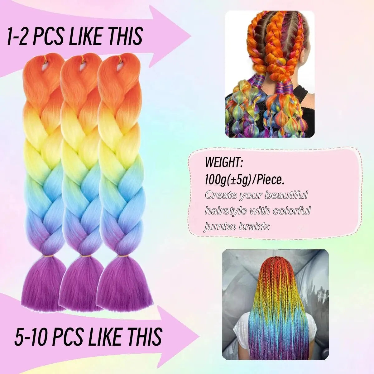 Extensiones de Cabello sintético de Kanekalon, trenzas de caja trenzada Jumbo ombré de 24 pulgadas, color arcoíris