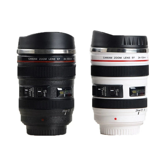 Taza de Café en Forma de Lente de Cámara EF24-105mm | Taza de Acero Inoxidable Blanca y Negra | Regalo Único para Amantes de la Fotografía