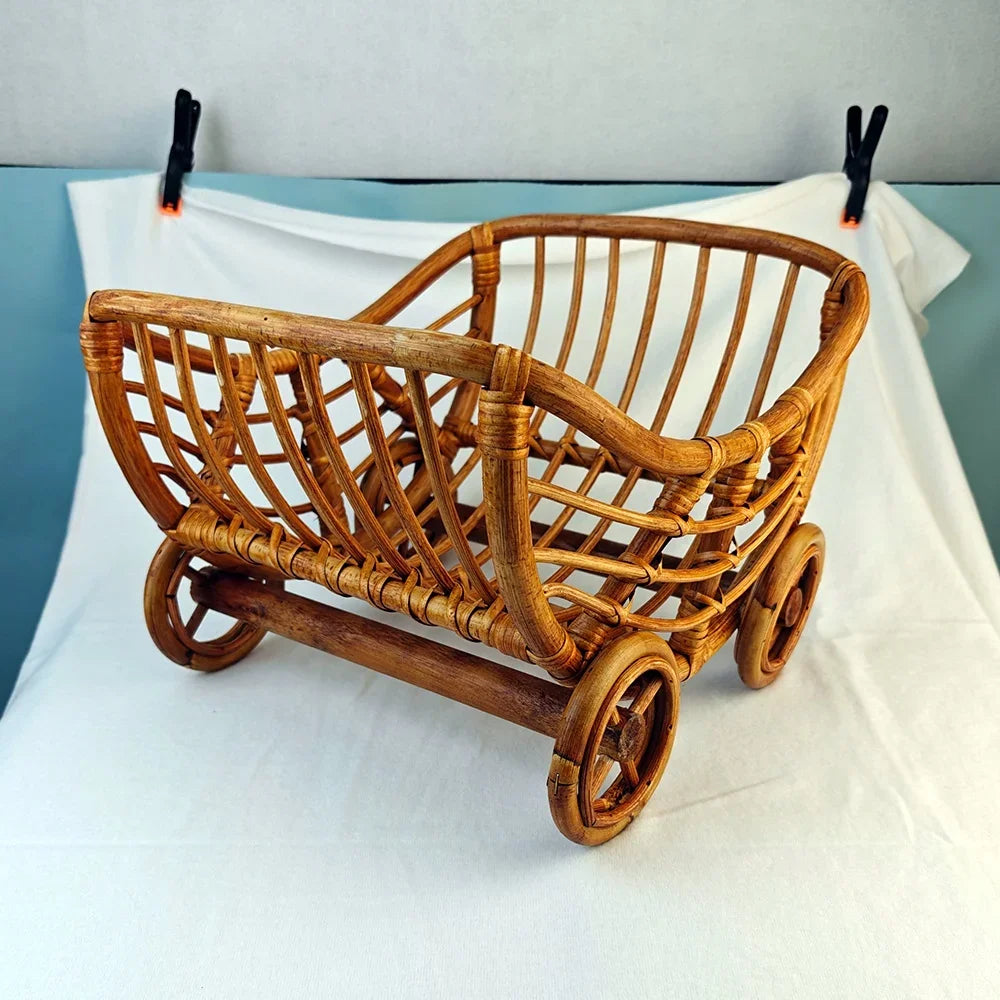 Cesta de Ratán para Bebé | Carrito Original para Fotografía de Recién Nacidos | Utilería para Sesiones Fotográficas