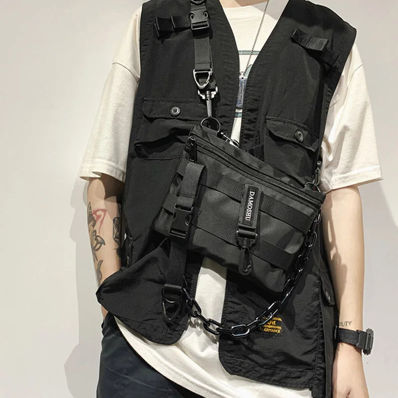 Bolsa de Pecho Táctica Funcional Unisex – Riñonera Streetwear Hip Hop, Chaleco Tactical Rig Bag Negro