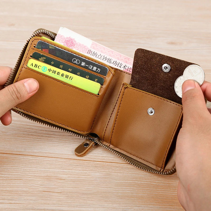 Cartera de Hombre de Cuero, Monedero de Lujo con Cremallera, Portatarjetas y Bolsillo para Monedas RFID, Regalos para Hombre
