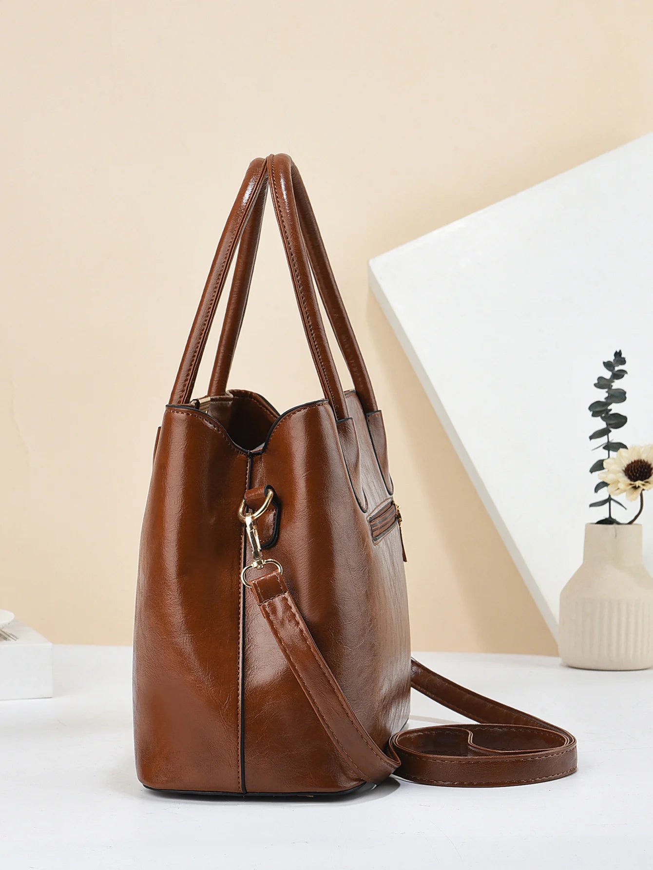 Bolsos de Mano Retro de Color Sólido para Mujer, Elegante Bolso Crossbody de Cuero PU, Bolsos de Oficina y Trabajo de Moda