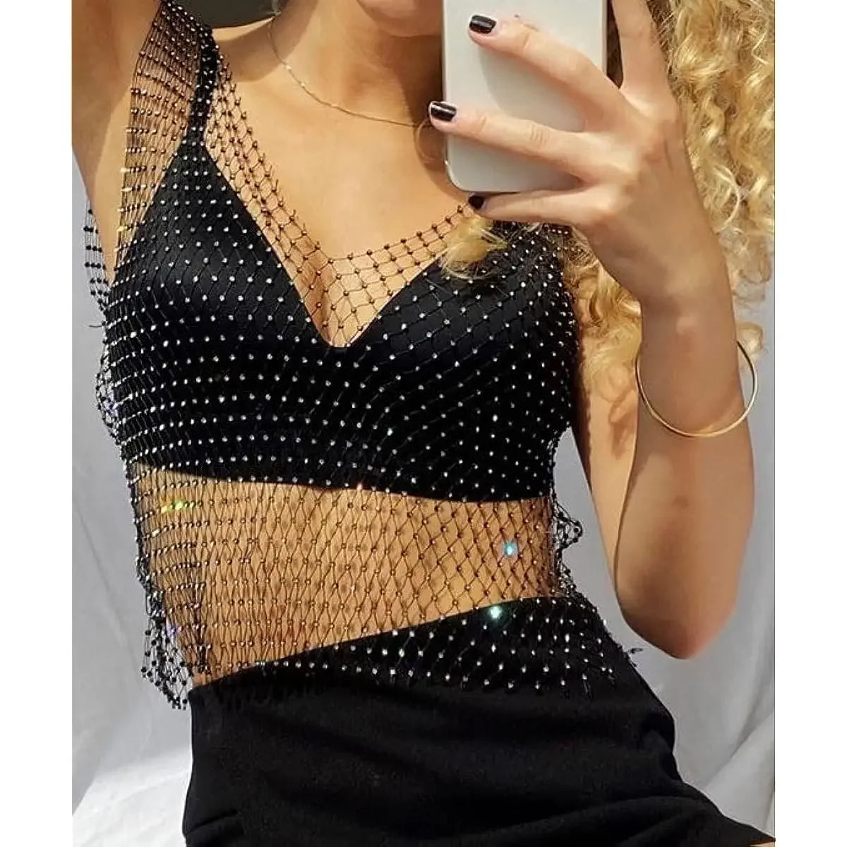 Top Transparente con Brillos para Mujer - Crop de Red con Brillantes Y2K, Ideal para Fiestas y Clubes