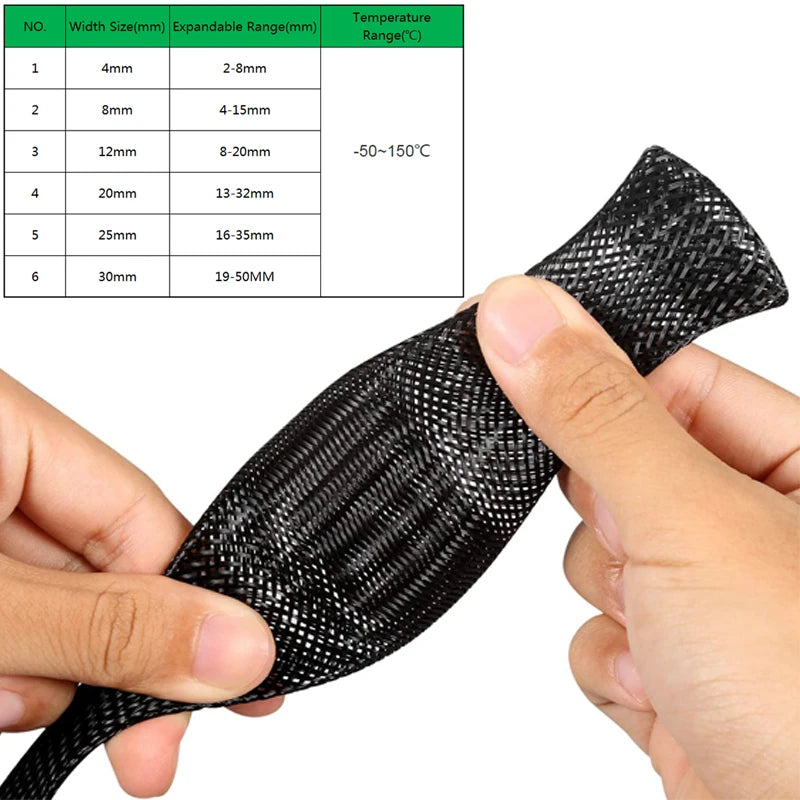 Manga Trenzada Aislada Negra 10M, 4-30mm, Protección de Cables PET, Retardante de Llama, Tubo de Nylon