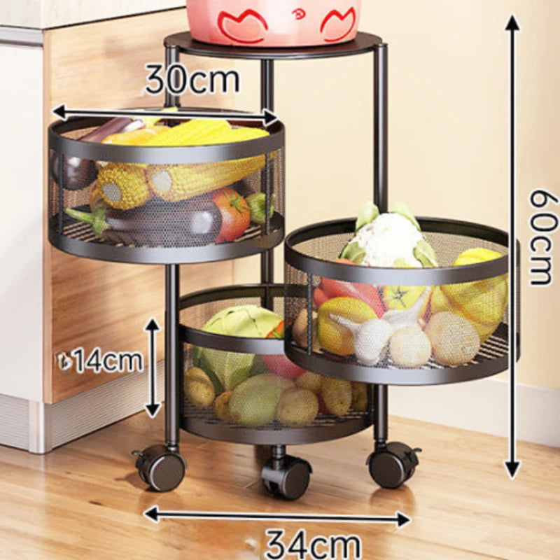 Estante Giratorio Multiusos para Verduras y Frutas en la Cocina: Organizador de Almacenamiento de Multi-Capas para Suelo con Canastas Giratorias