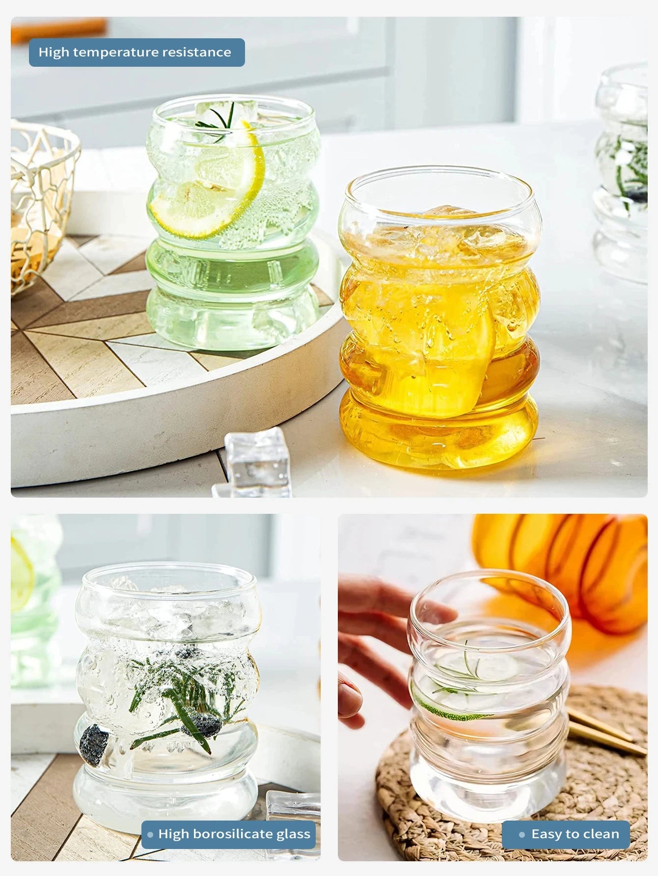 4Pcs Set de Vasos de Vidrio Creativos con Taza y Pajillas | Copas Aesthetic con Diseño Acanalado, Vidrio Borosilicato, Para Bebidas Calientes y Frías, Juego Completo con Pajas Rectas y Curvas