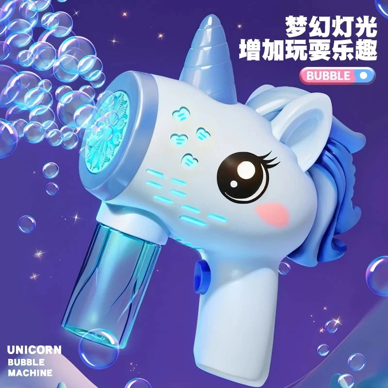 Pistola de burbujas eléctrica unicornio, máquina automática de burbujas con luces, juegos al aire libre de verano, regalos para niños
