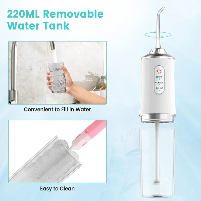 Irrigador Oral Portátil con Chorro de Agua, Recargable por USB, 4 Puntas de Chorro, 220ml, 3 Modos de Limpieza, IPX7, 1400rpm