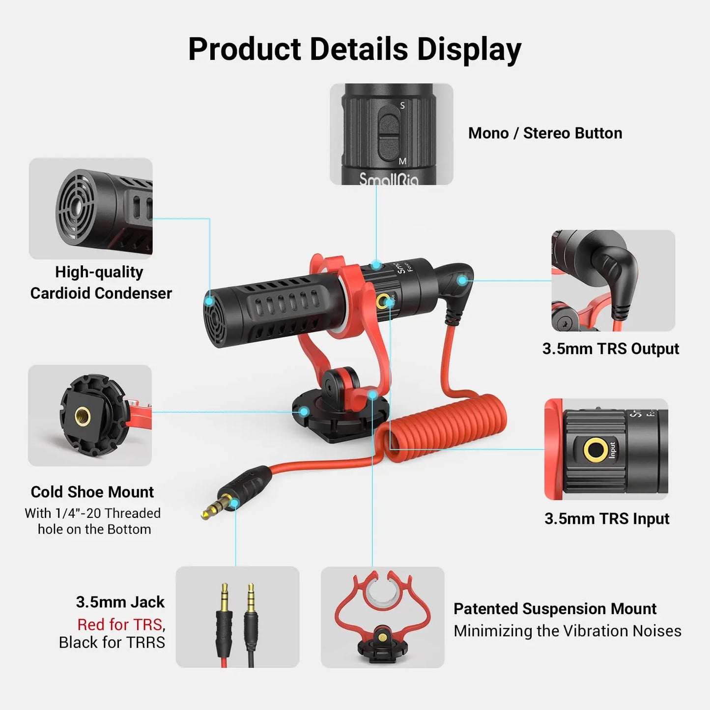 SmallRig S20 On-Camera Microphone con Shock Mount y Micrófono Lavalier | Micrófono Estéreo para DSLR, iPhone y Smartphones - Modelo 3468