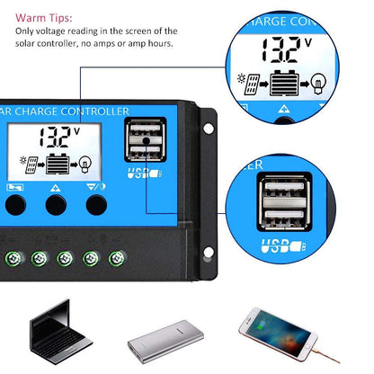 Controlador de Carga Solar 60A 12V/24V - Regulador de Voltaje para Paneles Solares Fotovoltaicos con PWM, Pantalla LCD y Doble USB