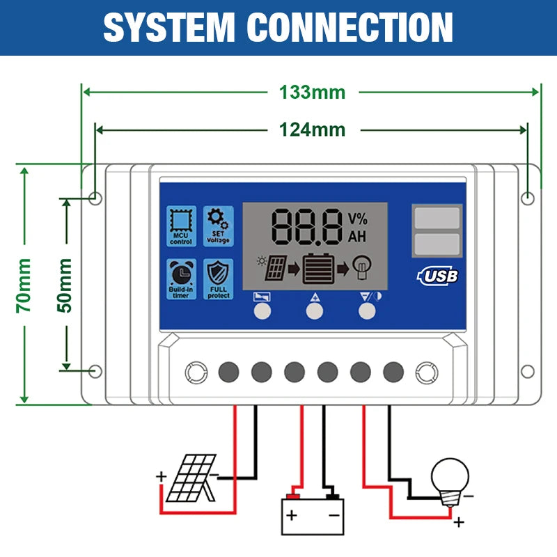 Controlador de Carga Solar 60A 12V/24V - Regulador de Voltaje para Paneles Solares Fotovoltaicos con PWM, Pantalla LCD y Doble USB