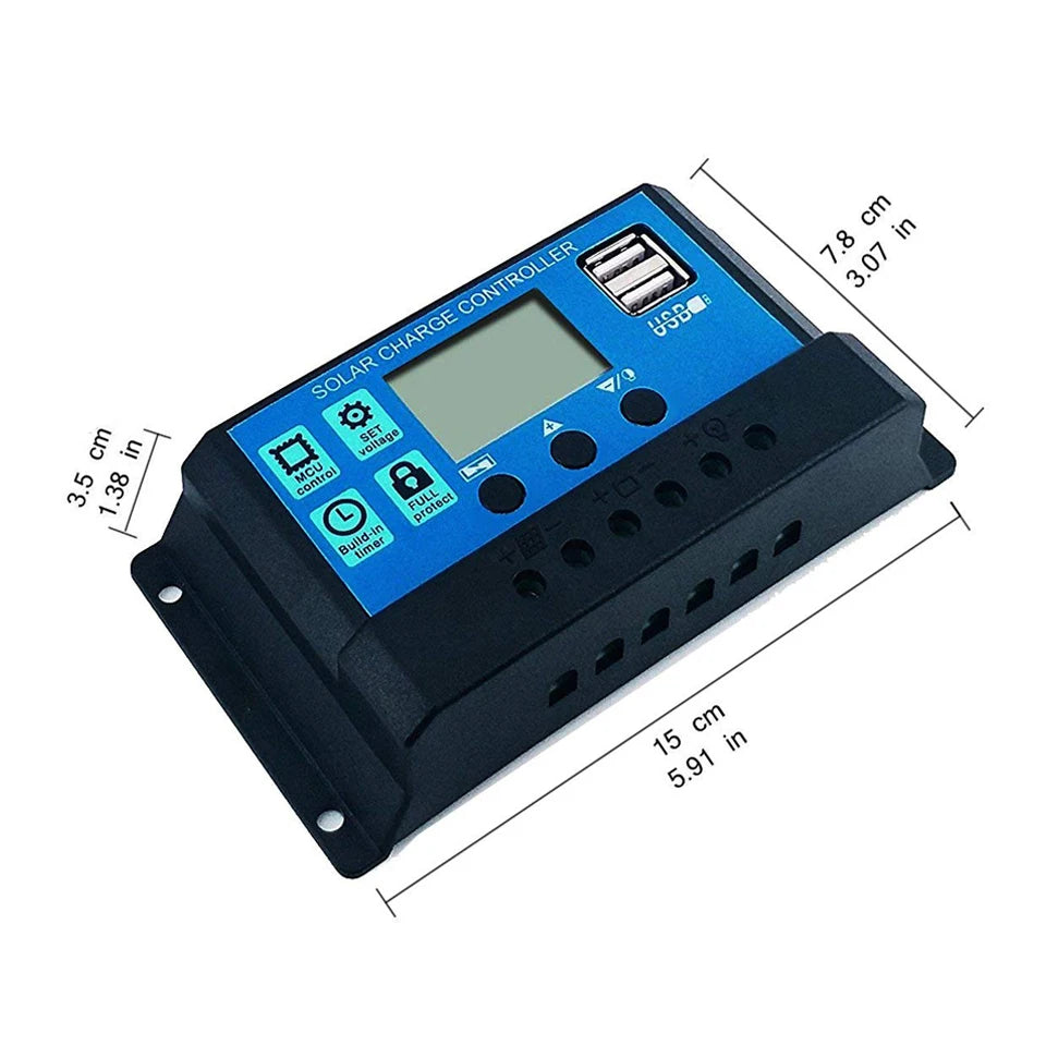 Controlador de Carga Solar 60A 12V/24V - Regulador de Voltaje para Paneles Solares Fotovoltaicos con PWM, Pantalla LCD y Doble USB