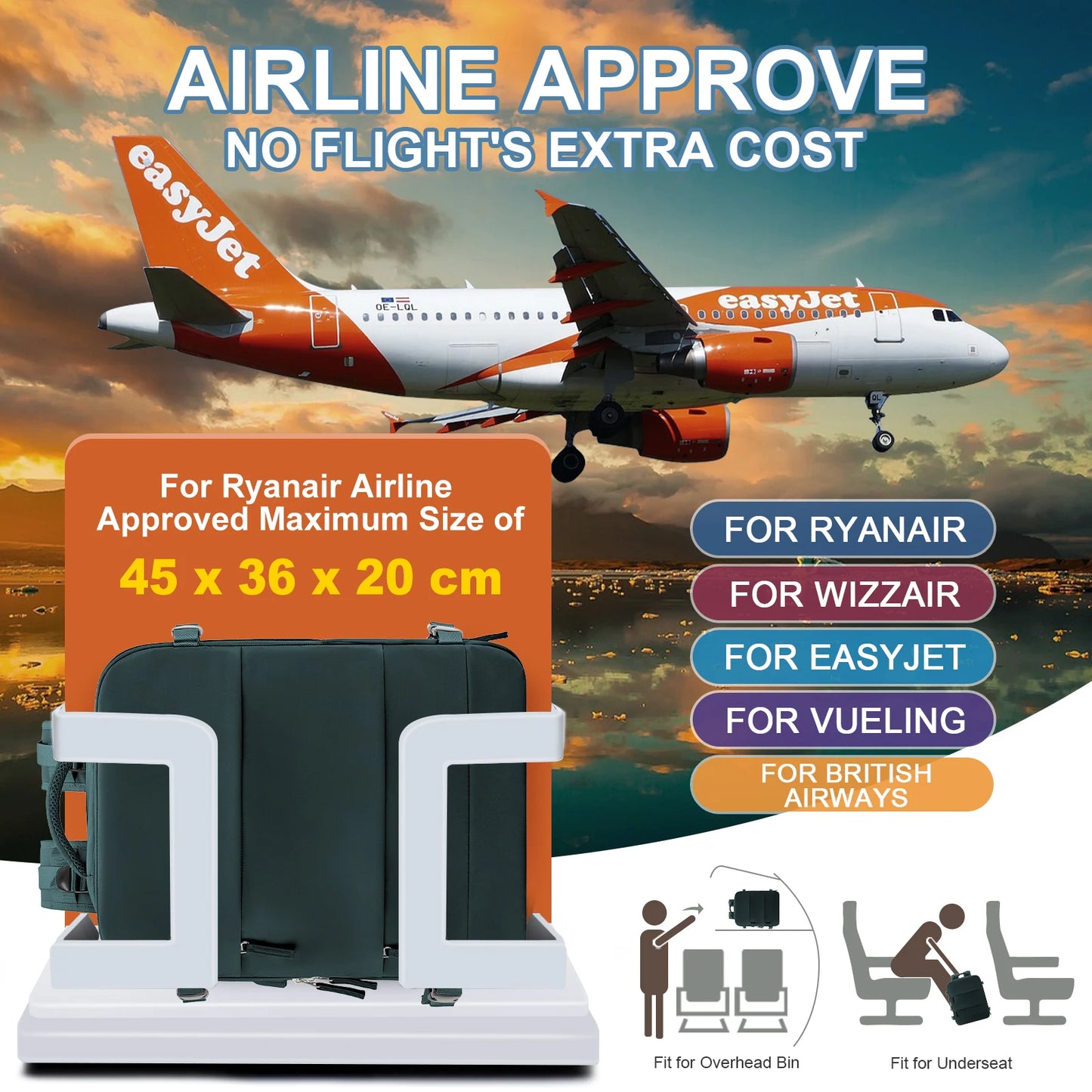 EasyJet Cabin Bag 45x36x20: Mochila de Viaje 40x20x25 para Ryanair, Mochila de Cabina para Mujeres/Hombres con Espacio para Laptop