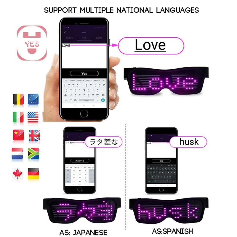 Gafas de Fiesta LED con Control por App y Bluetooth Personalizables Idiomas USB Recargables Luminiscentes para Conciertos, Navidad y Cumpleaños