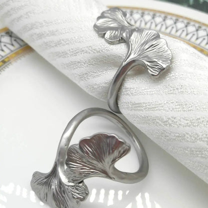 Hebillas de Metal Hoja de Ginkgo - Anillos de Servilleta de Oro Rosa y Plata para Bodas y Eventos (4 Piezas)