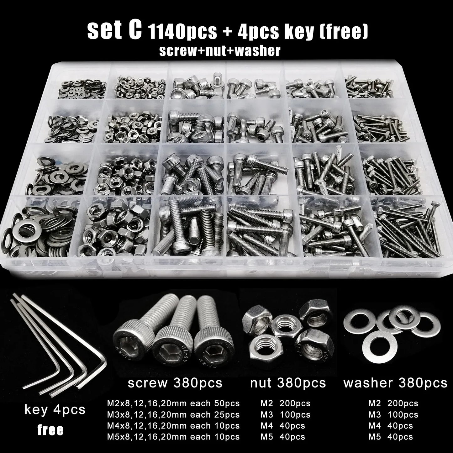 Kit de Tornillos y Tuercas de Acero Inoxidable 304 M1.6 M2 M2.5 M3 M4 M5 - 400/650/1140/2100 Piezas con Juego de Llaves Hexagonales