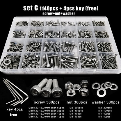 Kit de Tornillos y Tuercas de Acero Inoxidable 304 M1.6 M2 M2.5 M3 M4 M5 - 400/650/1140/2100 Piezas con Juego de Llaves Hexagonales
