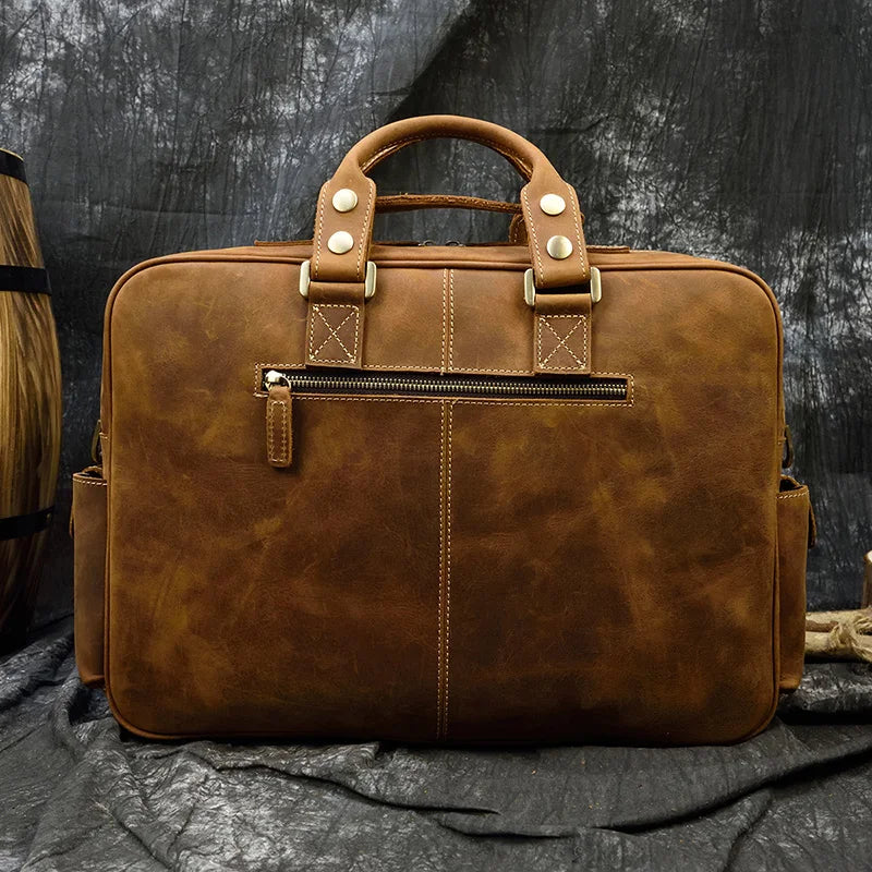Luufan Maletín Vintage de Cuero Genuino para Hombre - Bolso de Negocios de Piel Crazy Horse con Capacidad para Laptop de 15.6"