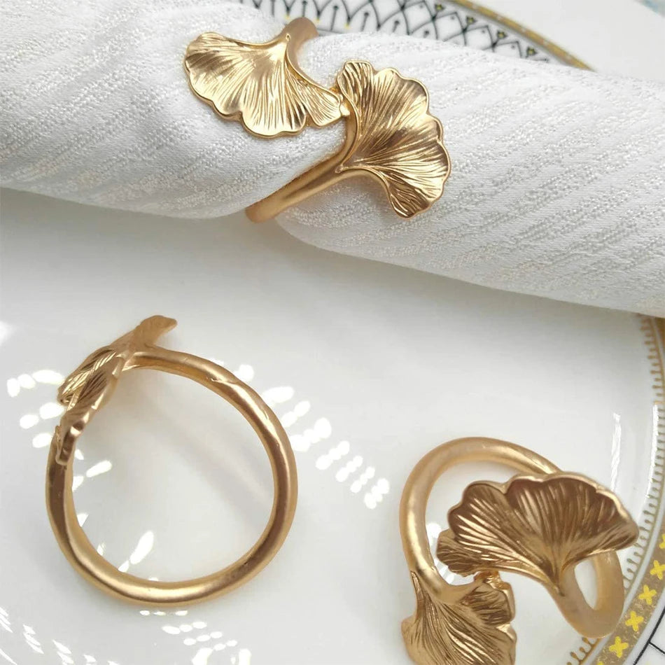 Hebillas de Metal Hoja de Ginkgo - Anillos de Servilleta de Oro Rosa y Plata para Bodas y Eventos (4 Piezas)