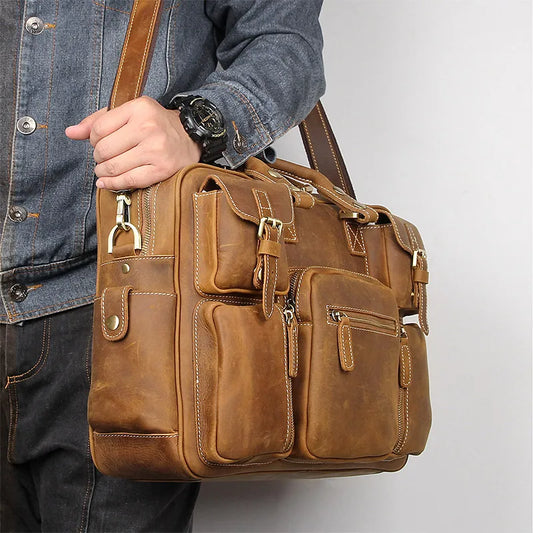 Luufan Maletín Vintage de Cuero Genuino para Hombre - Bolso de Negocios de Piel Crazy Horse con Capacidad para Laptop de 15.6"
