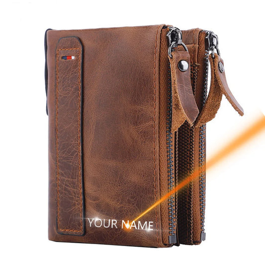 Cartera de Cuero Genuino para Hombre - Billetera Bifold con Protección RFID, Bolsillo para Monedas y Caja de Regalo - Negro/Marrón