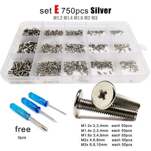Kit de Tornillos Mini Micro Phillips - 500/750pcs de Cabeza Plana para Laptop, Teléfono y Gafas