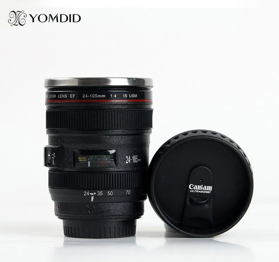 Taza de Café en Forma de Lente de Cámara EF24-105mm | Taza de Acero Inoxidable Blanca y Negra | Regalo Único para Amantes de la Fotografía