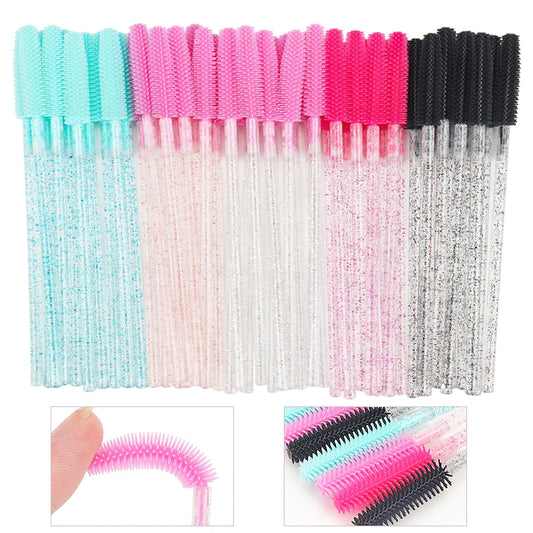 Conjunto de 50 Aplicadores Desechables de Pestañas de Silicona y Cristal: Cepillos de Diamantes para Maquillaje de Belleza Femenina