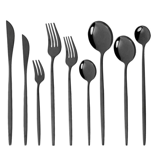 Set de Cubertería de Lujo Negro 18/10 de Acero Inoxidable | Juego de Cubiertos para Cena, Postre y Té