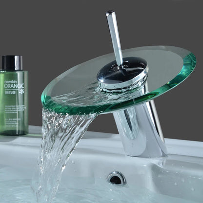 Grifo de Baño con Caída de Agua de Cristal Colorido | Grifo de Mezcla Redondo Montado en Superficie de Acero Inoxidable Cromado
