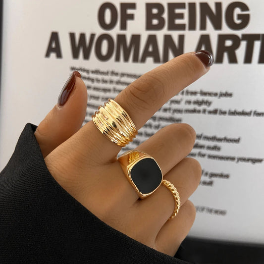 Conjunto de anillos de forma ovalada para hombre y mujer, sortija ancha de Color dorado, esmaltado, negro, 2024