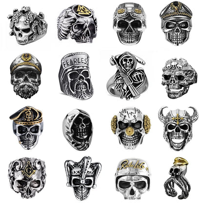 Anillo Gótico Punk para Hombre - Esqueleto Retro con Diseño de Calavera y Serpiente, Ajustable, Estilo Exagerado