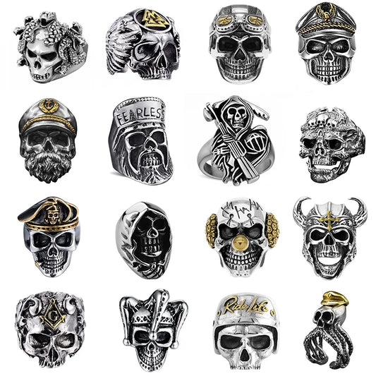 Anillo Gótico Punk para Hombre - Esqueleto Retro con Diseño de Calavera y Serpiente, Ajustable, Estilo Exagerado