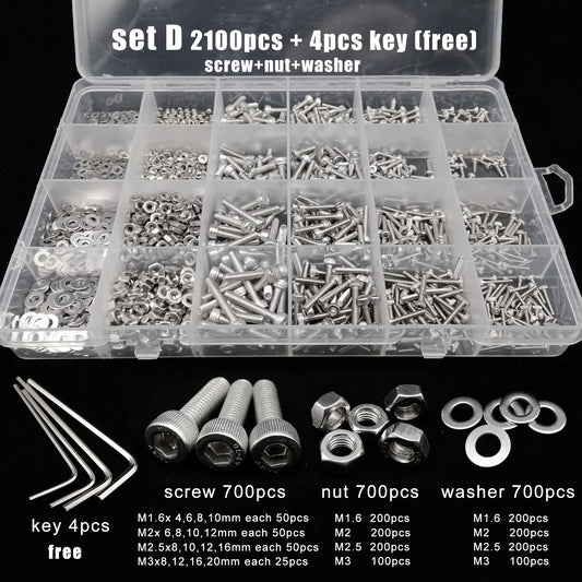 Kit de Tornillos y Tuercas de Acero Inoxidable 304 M1.6 M2 M2.5 M3 M4 M5 - 400/650/1140/2100 Piezas con Juego de Llaves Hexagonales