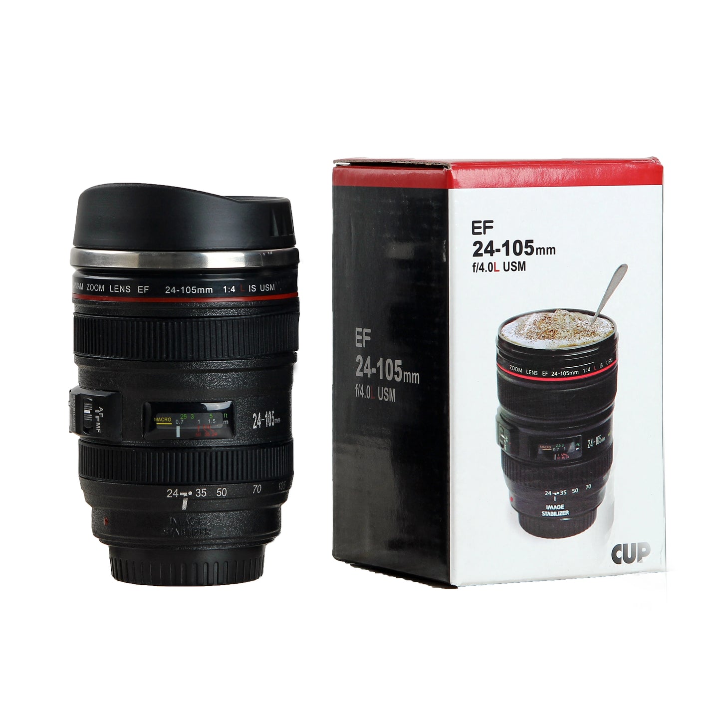 Taza de Café en Forma de Lente de Cámara EF24-105mm | Taza de Acero Inoxidable Blanca y Negra | Regalo Único para Amantes de la Fotografía