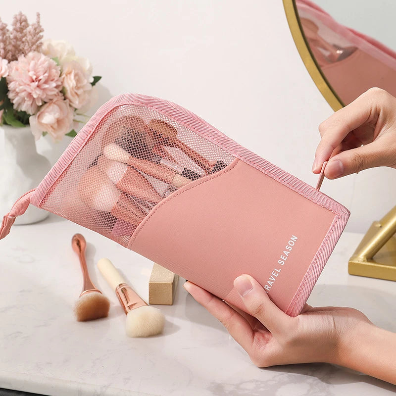 Neceser Vertical Transparente con Cremallera para Mujeres - Organizador de Maquillaje y Porta Brochas de Viaje