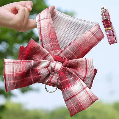 Conjunto de Arnés y Correa para Perro, Ajustable, con Lazo y Diseño Adorable, Sin Tirones, Correa Suave de Malla, Collar para Cachorro, Paseo al Aire Libre