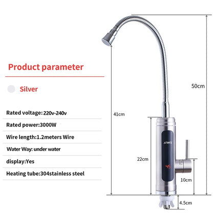 Calentador de Agua Instantáneo ATWFS para Grifo, Calentadores Sin Tanque para Cocina y Baño, Grifo Eléctrico de Agua Caliente, 220V, Carcasa de Acero Inoxidable