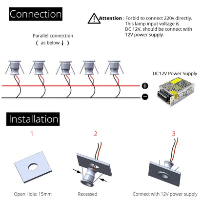 Pack de 10 Mini Focos LED de 1W DC12V IP65 para Gabinetes - Iluminación Ambiental