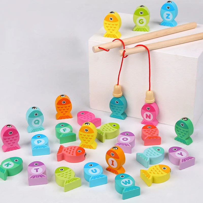 Juguetes de Pesca Magnéticos de Madera para Bebés - Aprendizaje de Alfanuméricos y Vida Marina, Juegos Educativos Tempranos