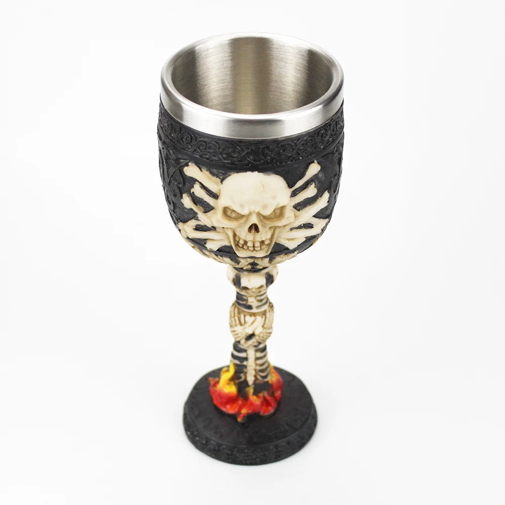 Cáliz Gótico 3D Vikingo de Acero Inoxidable y Resina con Calavera, Garra de Dragón y Espina de Esqueleto, Copa de Vino y Whisky