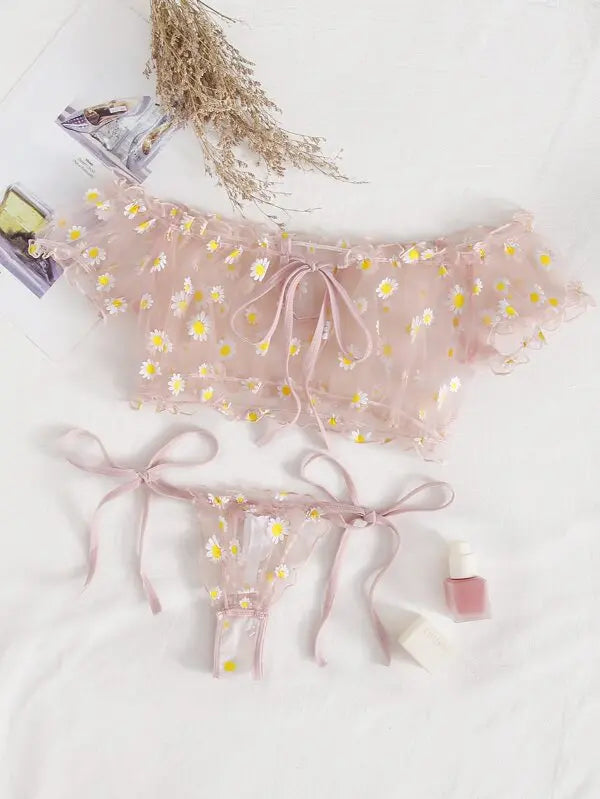 Conjunto de Lencería Sexy para Mujeres: Sujetador de Malla con Volantes y Tanga