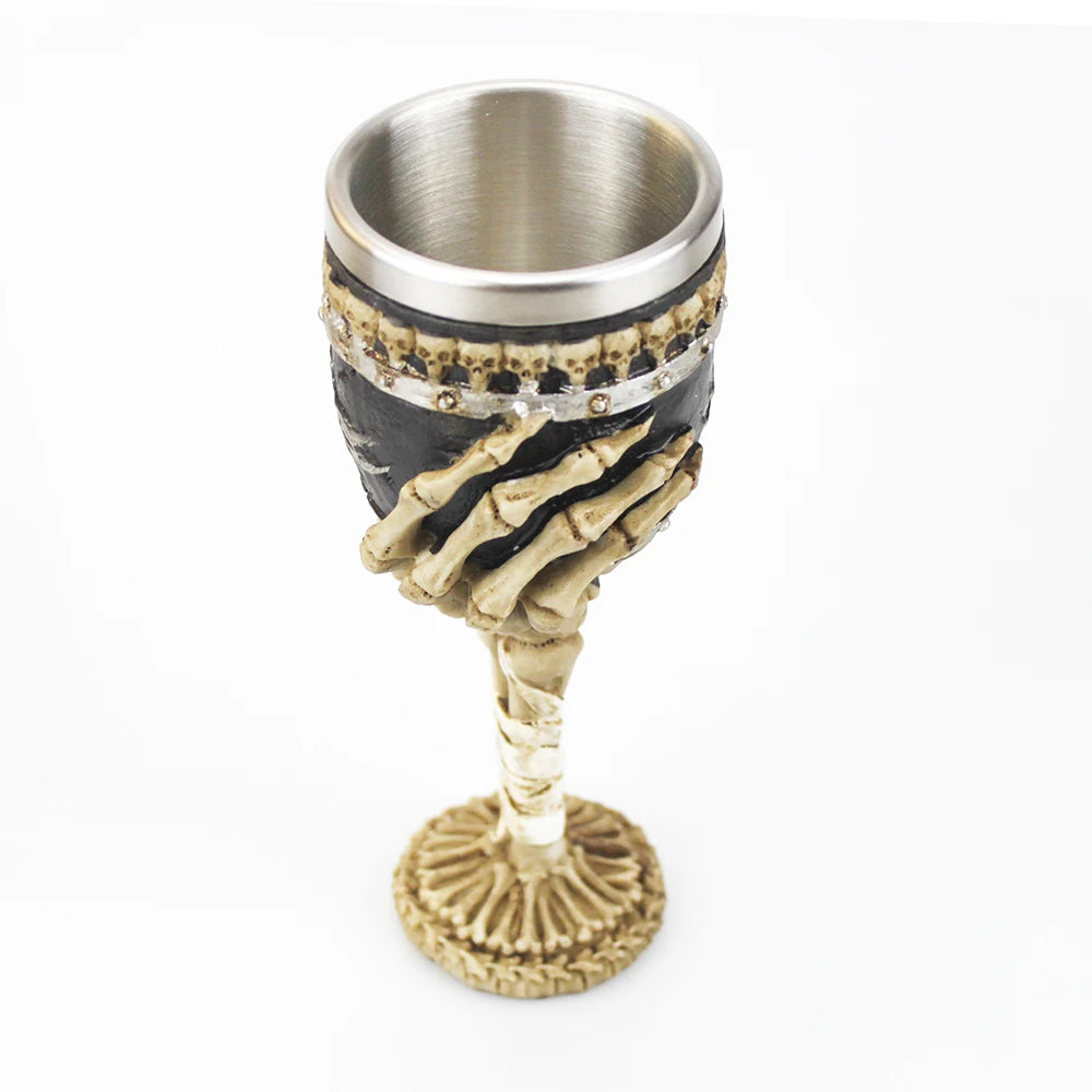 Cáliz Gótico 3D Vikingo de Acero Inoxidable y Resina con Calavera, Garra de Dragón y Espina de Esqueleto, Copa de Vino y Whisky