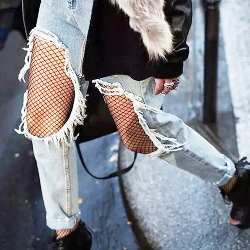 Pantimedias de Malla Fishnet para Mujer, Lencería Sexy con Diseño Jacquard, Medias Largas Nylon con Costura y Puntera Abierta