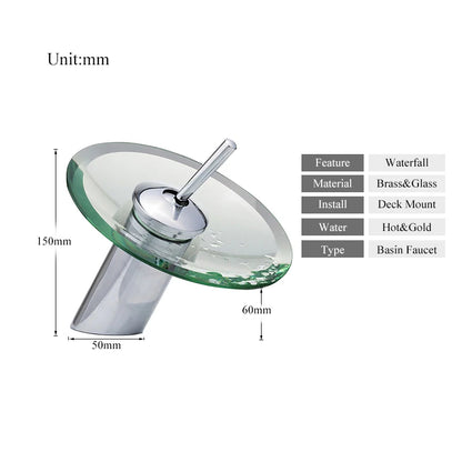 Grifo de Baño con Caída de Agua de Cristal Colorido | Grifo de Mezcla Redondo Montado en Superficie de Acero Inoxidable Cromado