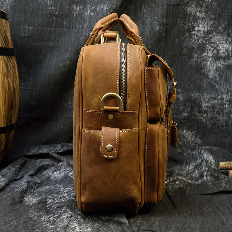 Luufan Maletín Vintage de Cuero Genuino para Hombre - Bolso de Negocios de Piel Crazy Horse con Capacidad para Laptop de 15.6"