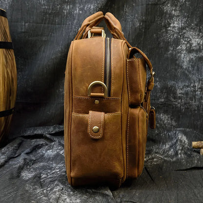 Luufan Maletín Vintage de Cuero Genuino para Hombre - Bolso de Negocios de Piel Crazy Horse con Capacidad para Laptop de 15.6"