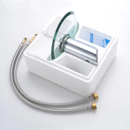 Grifo de Baño con Caída de Agua de Cristal Colorido | Grifo de Mezcla Redondo Montado en Superficie de Acero Inoxidable Cromado