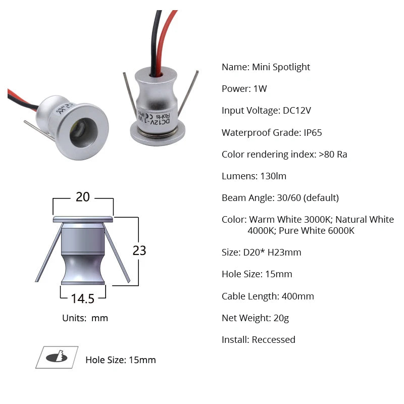 Pack de 10 Mini Focos LED de 1W DC12V IP65 para Gabinetes - Iluminación Ambiental