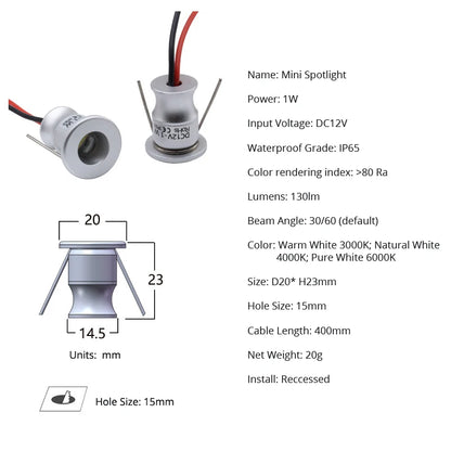 Pack de 10 Mini Focos LED de 1W DC12V IP65 para Gabinetes - Iluminación Ambiental